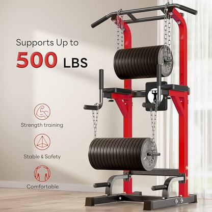 SogesPower Power Tower Pull Up Dip Stand Multi-Function Adjustable Height Workout Equipment Dip Station Fitness Strength Training for Home Gym 330LBS - color: Red