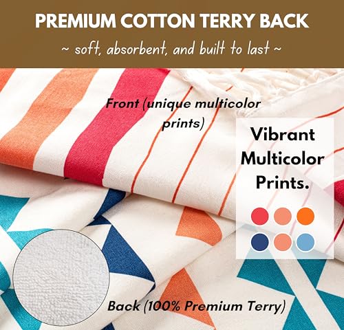 Native Fab Turkish Fouta Beach Towels - Set of 4 - Extra Large 40"x72" - 100% Cotton - Soft, Thick, Absorbent, Terry Towels for Adults, Swim, Bath - Boho Multi Pack - Red, Orange, Blue, Navy
