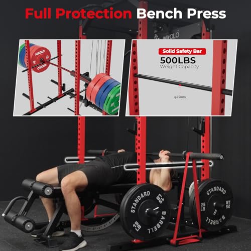 Mikolo F4 2.0 Power Cage with Dual-Track Smooth Pulley System, 1200LBS Power Rack with Leg Hold-Down for Heavy LAT Pulldowns - color: Red, size: F4 2.0 (with Bench＆Bar＆230LB CP）
