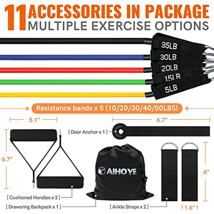 Aihoye Resistance Bands with Handles & Door Anchor for Strength Training - color: 5-105LB Set (11 Pcs)