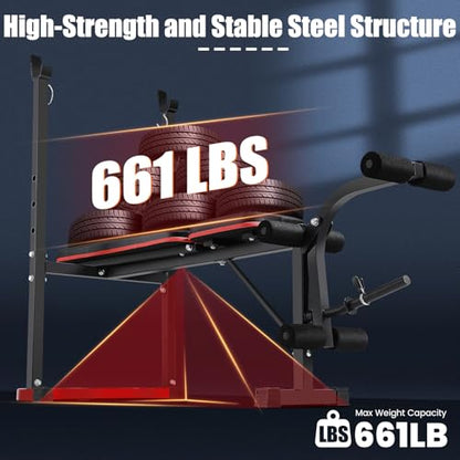 OPPSDECOR 661LBS Weight Bench Set, 8 in 1 Adjustable Bench Press with Squat Rack Leg Extension & Leg Curl Foldable Workout Bench with Safety Bar Catches Standard Weight Training Benches for Home Gym