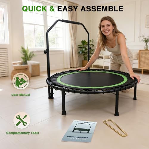 40" Mini Rebounder Trampoline for Adults with Handle, Foldable Mini Trampoline with Bungees, Adjustable Foam Handle, Stable & Quiet, Max Load 440lbs