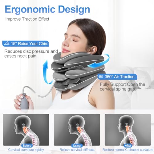 Portable Cervical Traction Device for Instant Neck Pain Relief,Inflatable & Adjustable Neck Traction Device with Neck Brace，Perfect for Home,Office,and Travel(Gray) - color: Gray
