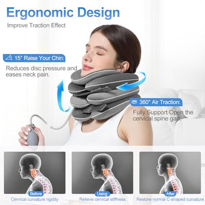 Portable Cervical Traction Device for Instant Neck Pain Relief,Inflatable & Adjustable Neck Traction Device with Neck Brace，Perfect for Home,Office,and Travel(Gray) - color: Gray
