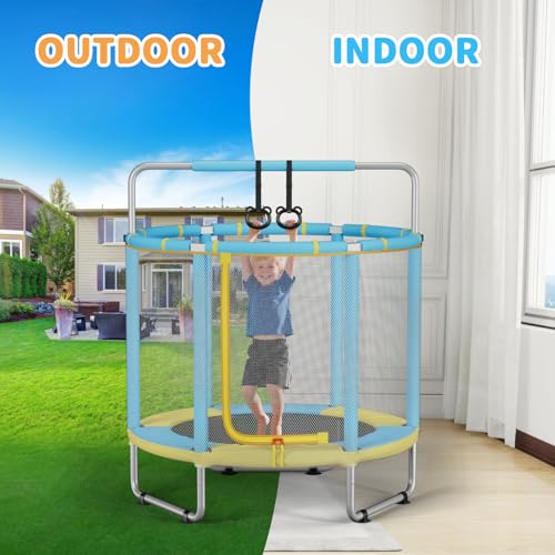 HomeCare 55" Trampoline for Kids, 440lbs Capacity ASTM-Approved Mini Toddler Trampoline with Safety Enclosure Net,4 in 1 Adjustable Gymnastics Bar & Toys, Indoor & Outdoor, Gifts for Boys & Girls Age