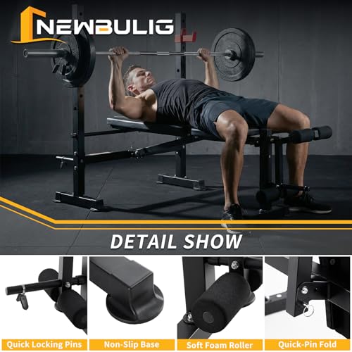 NEWBULIG Adjustable Weight Bench Set with Leg Extension & Curl, 650 LBS Heavy Duty Foldable Bench Press Set with Barbell Rack, Full Body Strength Training Bench for Home Gym