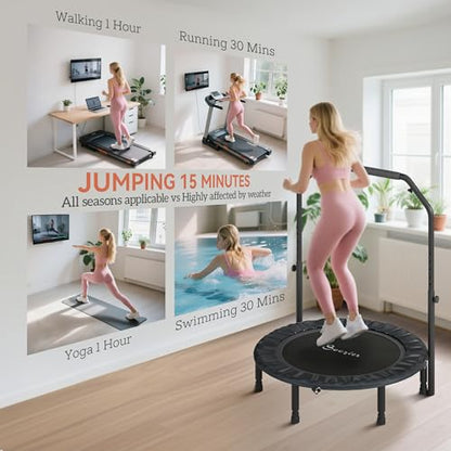 Soozier 40" Foldable Mini Trampoline, Rebounder Trampoline for Adults with Adjustable Foam Handle and Resistance Bands, Fitness Rebounder for Indoor Outdoor Workout, Max Load 330 lbs