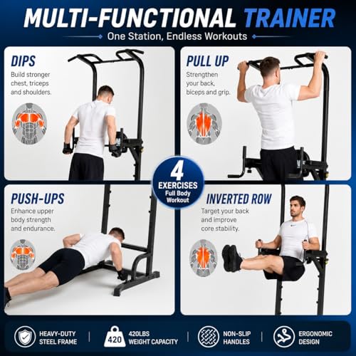 BARWING Pull Up Bar Station, Power Tower, Dip Station with 3D Backrest, Multi-Function Strength Training Stand Rack, Adjustable Height Dip Bar for Home Gym Workout Stand Fitness Exercise Equipment