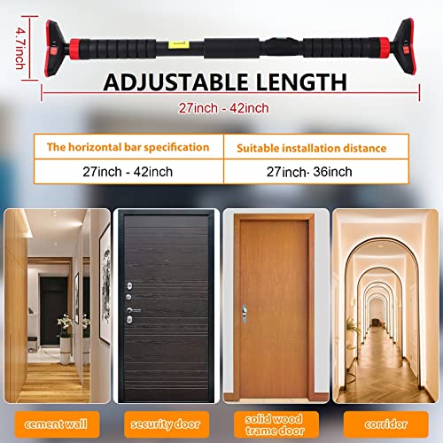 Pull Up Bar for Doorway, Strength Training Upper Body Workout Chin Up Bar with Level Meter and Adjustable Width No Screw Installation for Home Gym Exercise Fitness Black and Red