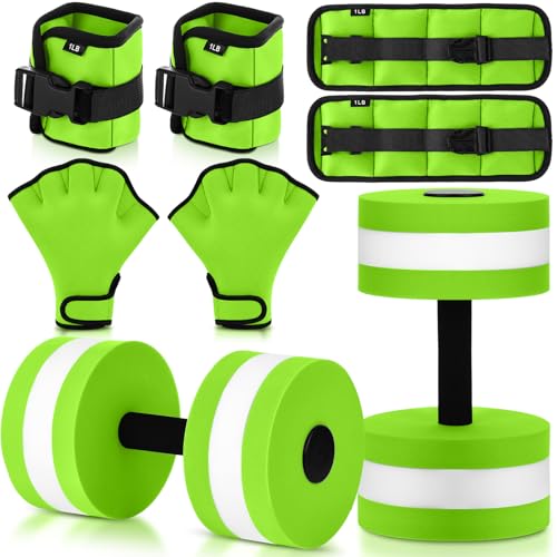 6 Pcs Water Aerobics Equipment Set Full Body Pool Exercise Kit, 2 Aqua Dumbbells, 2 Adjustable Ankle/Wrist Weights, 2 Webbed Swim Gloves, Low Impact Aquatic Workout Gear