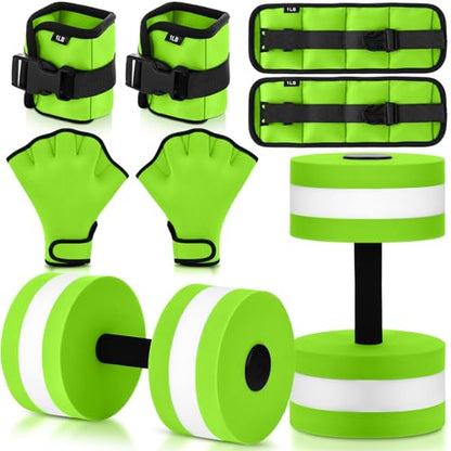 6 Pcs Water Aerobics Equipment Set Full Body Pool Exercise Kit, 2 Aqua Dumbbells, 2 Adjustable Ankle/Wrist Weights, 2 Webbed Swim Gloves, Low Impact Aquatic Workout Gear