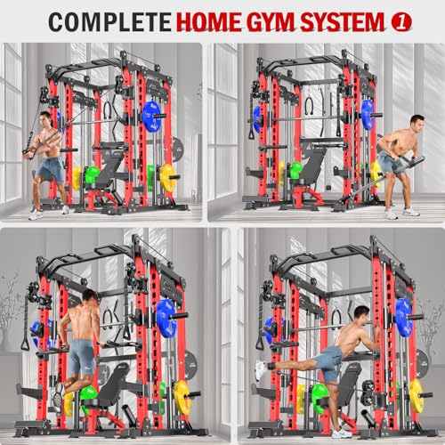 Smith Machine with Cable Crossover System, Multi-Function Power Cage Squat Rack for Home Gym, Power Rack and Packages Weight Sets.