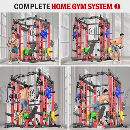 Smith Machine with Cable Crossover System, Multi-Function Power Cage Squat Rack for Home Gym, Power Rack and Packages Weight Sets.