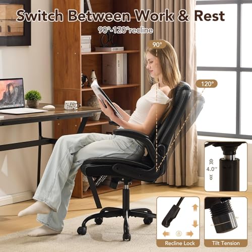 YFO Leather Office Ergonomic Home Office Desk Chair, Back Support Swivel Executive Office Chair with Wheels and Flip-Up Armrests, Small Gaming Chair with Adjustable Rocking Function, Black