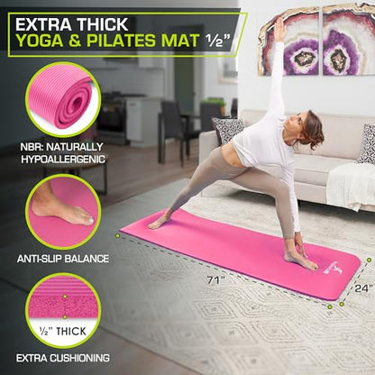 ProsourceFit Extra Thick Yoga and Pilates Mat 1/2” (13mm) or 1" (25mm), 71-inch Long High Density Exercise Mat with Comfort Foam and Carrying Strap - color: Pink