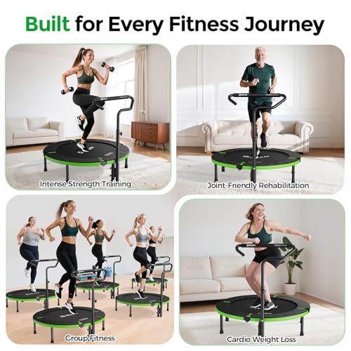 BCAN SP3 40"/48" Foldable Mini Trampoline, Rebounder Trampoline for Adults, U/T Adjustable Foam Handle, Exercise Rebounder for Adults Indoor/Garden Workout, Max Load 330lbs/440lbs-40T-Green