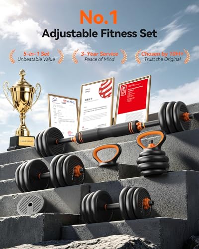 FEIERDUN DS2 Adjustable Dumbbells, 20/30/40/45/70/90lbs Free Weight Set with Connector, 5 in1 Dumbbells Set Used as Barbell, Kettlebells, Push up Stand, Weight Plate, Fitness Exercises for Home Gym Suitable Men/Women