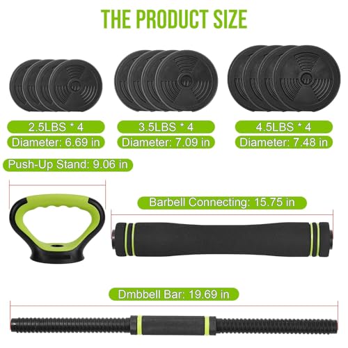 44LB 4-in-1 Adjustable Dumbbell Set – Dumbbells, Barbells, Kettlebells & Push-Up Handles – Home Gym Strength Training – Anti-Slip ABS Grip, Quiet Rubber-Coated Plates, Compact Design, Black+Green