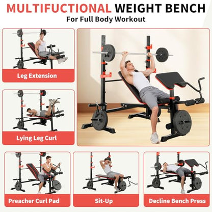 1500LB 8 IN 1 Olympic Weight Bench with Lat Pulldown and Leg Extension/Curl, Foldable Bench Press with Preacher Curl & Squat Rack, Workout Benches with Safety Bar Catches for Home Gym(US Stock) - color: red dark