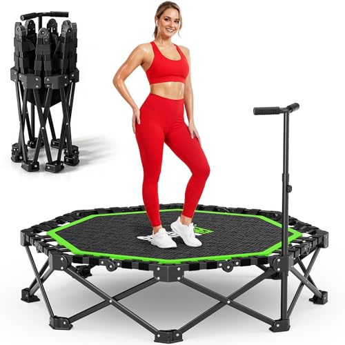 48" Foldable Mini Trampoline, 550lb Capacity Rebounder with Adjustable T-Bar for Adults, Home Gym Fitness Equipment (Black Green)