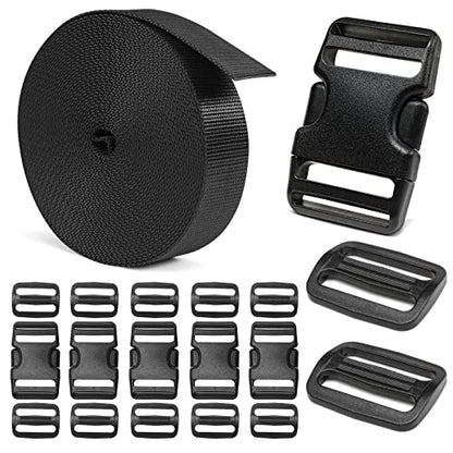 BEYOURD Heavy-Duty Buckles and Strap Set 1-1/2": 6 Yards of Thick Nylon Webbing, 6-Pack Adjustable Quick Side Release Plastic Buckles, 12 Tri-Glide Slide Clips, Black (1-1/2" Combo Set) - style: 1-1/2" Combo Set