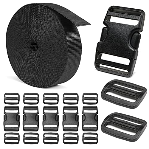 BEYOURD Heavy-Duty Buckles and Strap Set 1-1/2": 6 Yards of Thick Nylon Webbing, 6-Pack Adjustable Quick Side Release Plastic Buckles, 12 Tri-Glide Slide Clips, Black (1-1/2" Combo Set) - style: 1-1/2" Combo Set