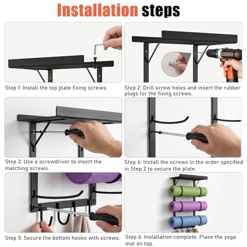Yoga Mat Holder Wall Mount - 4 Tier Home Gym Storage Rack with Shelf & 5 Hooks, Gym Equipment Organizer & Wall Storage for Workout Room Decor