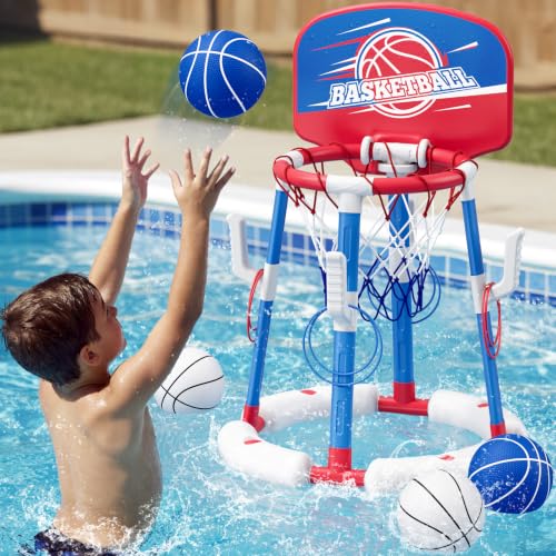 HYES 2 in 1 Pool Basketball Hoop with Ring Toss, Floating Pool Toys, Red - style: with backboard
