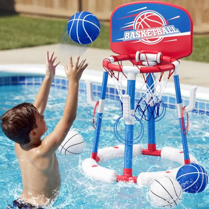 HYES 2 in 1 Pool Basketball Hoop with Ring Toss, Floating Pool Toys, Red - style: with backboard