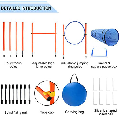 Dog Agility Training Equipment, Obstacle Agility Training Starter Kit for Doggie, Including Tunnel, 13 Weave Poles, Adjustable Hurdle, Jump Ring, Pause Box and Carrying Bag(Blue)