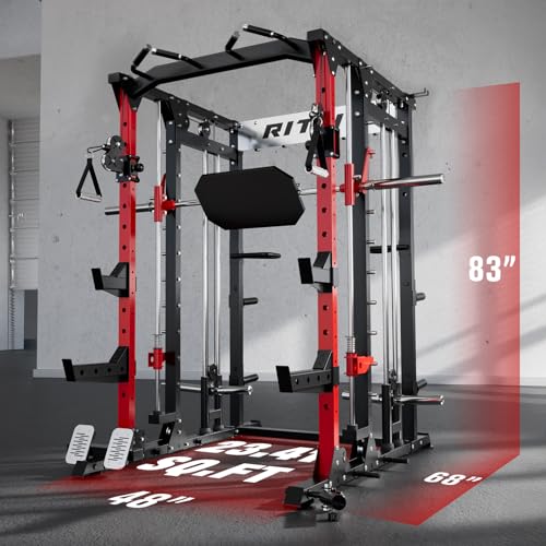 RitFit Buffalo Smith Machine, Power cage with LAT-Pull Down System & Cable Crossover System, All-in-One Squat Rack for Home Gym, Power Rack - color: RED, size: Package(With BP260)