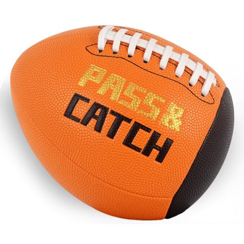 PassCatch Training Football, Peewee Size(Ages 3-9) Kids/Youth (Ages 7-13) Official Size(Ages 13+) Fatherless Bounce Back Leather Football Improving Enhance Solo Passing Catching Skills - color: Orange, size: Mens&Youth Size 9 for Ages 13+