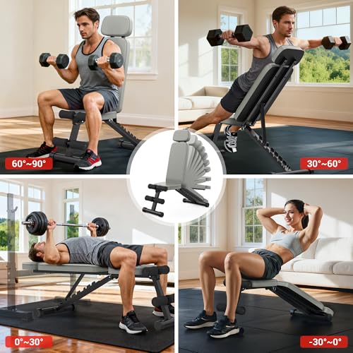 XDDIAS Workout Bench, 10 Backrests Adjustable Weight Bench with Extended Headrest, 800LBS Foldable Weight Bench for Home Gym, Incline Decline Flat Bench Compact for Small Space Training - color: Gray