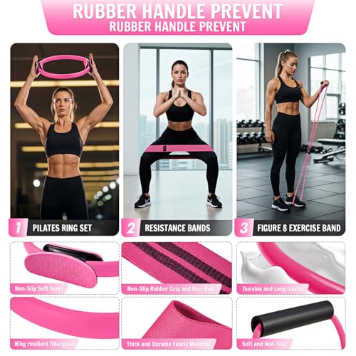 UZTUGG Pilates Kit for Women, Pilates Equipment with Pilates Ring and Ball Set, Fabric Resistance Bands, Figure 8 Resistance Band, Home Gym Equipment for Full-Body Workouts, Yoga & Physical Therapy - color: pink pilates kit