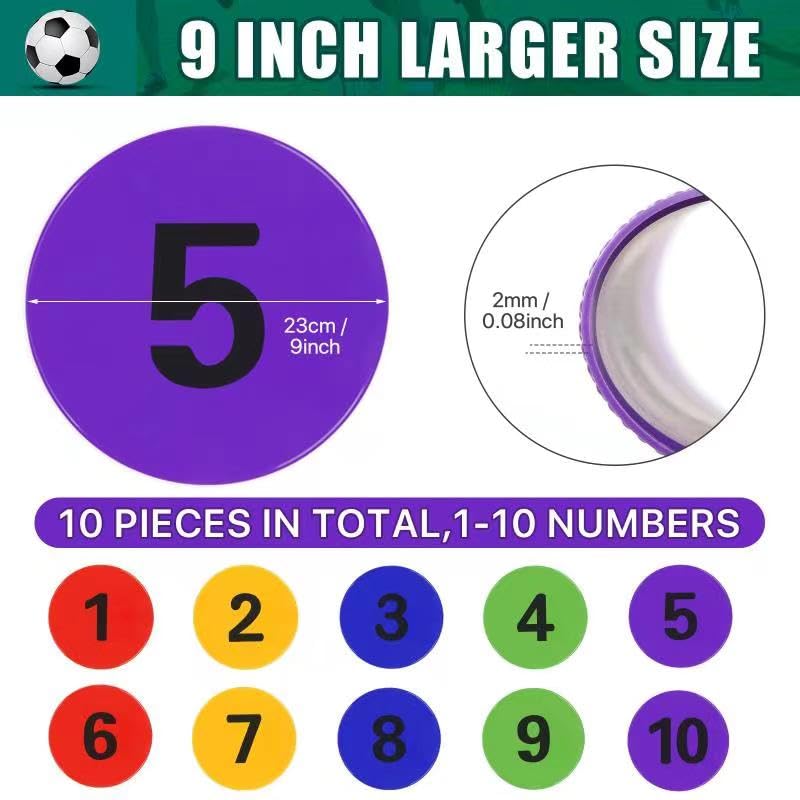 9 Inch Numbered Poly Spots Spot Markers for Gym Floor with Numbers, 10 PCS Non Slip Rubber Floor Dots Flat Cones Agility Markers for Soccer Sports Training, Dance, Classroom Activities