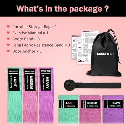 Long and Short Fabric Resistance Bands with Door Anchor, Non-Slip Stretch Booty Bands for Working Out Women & Men, Loop Exercise Elastic Bands for Home Physical Therapy Yoga Pilates