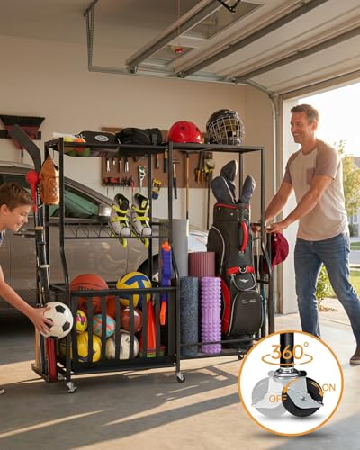 EXTCCT Garage Sports Equipment Organizer with Wheels, Golf Bag storage Rack - color: Black - Large