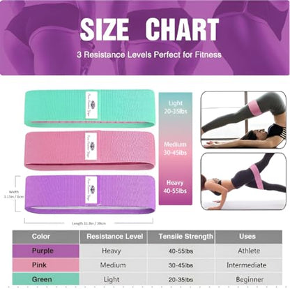 Fabric Resistance Band Set | 3 Tension Bands with Carrying Bag | Fabric Resistance Bands for Hips & Glutes Workouts