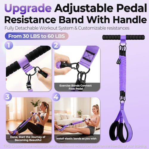 Upgraded Multifunction Pedal Resistance Band with Handle, 3 Tube Adjustable Resistance Bands, Full Body Fitness Exercise Equipment for Abdomen, Waist, Arm, Core/ABS, Leg, Physical Therapy (Purple)