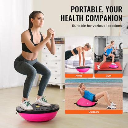 VEVOR Half Exercise Ball Trainer, 23/26 inch Balance Ball Trainer, 1500lbs Capacity Stability Ball, Yoga Ball with Resistance Bands & Foot Pump, Strength Fitness Ball for Home Gym Full Body Workout - color: 26" Ripple Pink