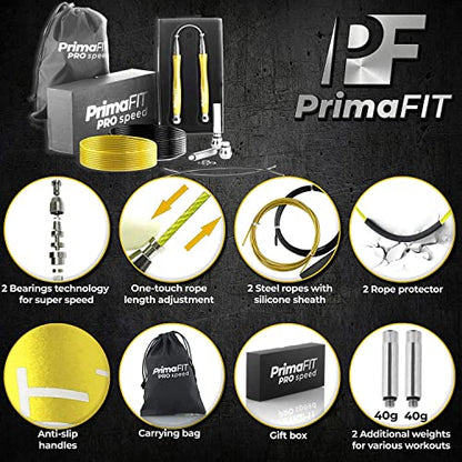 Jump Rope Pro Speed Skipping Rope Adjustable Adult Jumping Rope Weighted Aluminium Handles for Double Dutch Boxing Workout Crossfit Exercise Fitness Spare Cable Weights Protectors Carry Bag - color: Golden