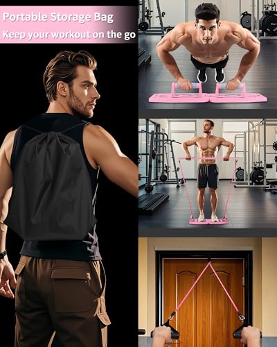Home Gym Exercise Equipment - Portable Workout System 17 Fitness Accessories 9 in1 Push Up Board Set, Resistance Bands with Pilates Bar Strength Training Abs Shoulders