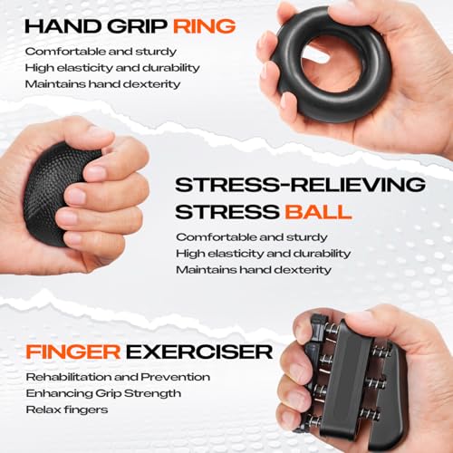 Grip Strength Trainer Kit (10-Pack): Adjustable Hand Gripper & Forearm Strengthener with Finger Stretcher, Ring, Stress Ball & 5 Bands for Muscle & Recovery.