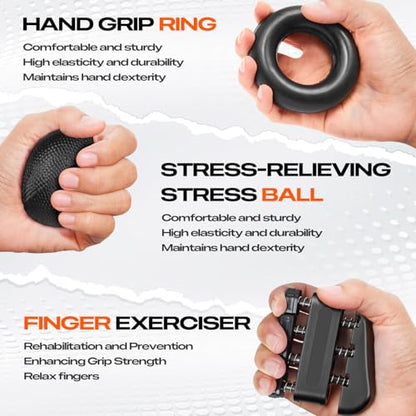 Grip Strength Trainer Kit (10-Pack): Adjustable Hand Gripper & Forearm Strengthener with Finger Stretcher, Ring, Stress Ball & 5 Bands for Muscle & Recovery.