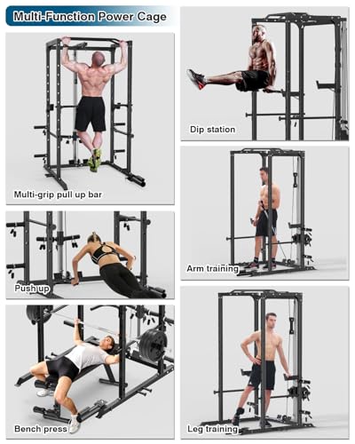 Power Cage, Multi-Functional Power Rack with J-Hooks, Dip Handles, Landmine Attachment and Optional Cable Pulley System for Home Gym - size: 150LB Weights Package black+Flat Bench