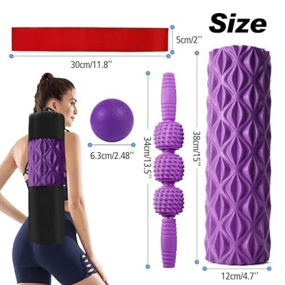 JOYENERGY 5 in 1 Foam Roller Set Trigger Point Foam Roller, Massage Roller Stick, Massage Ball, Stretching Strap for Deep Muscle Massage Pilates Yoga, Fitness Exercise for Whole Body (Purple Diamond)