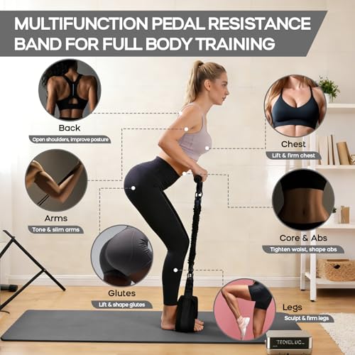 Multifunction Pedal Resistance Band with Handle, 3 Tube Adjustable 30/40/50LB Foot Pedal Puller Resistance Bands with Poster, Extended Length Tension Rope for Men Women Full Body Workout Home Gym - color: Black