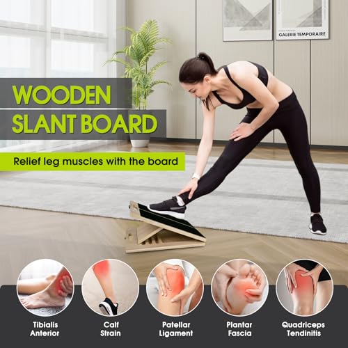 Calf Stretching Slant Board, 5 Adjustable Angles Wooden 350 LBS Non-Slip Portable Therapy Foot Stretcher with Training Poster, Relief Plantar Fasciitis, Achilles, Leg Heel Ankle Pain