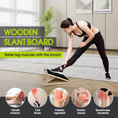 Calf Stretching Slant Board, 5 Adjustable Angles Wooden 350 LBS Non-Slip Portable Therapy Foot Stretcher with Training Poster, Relief Plantar Fasciitis, Achilles, Leg Heel Ankle Pain