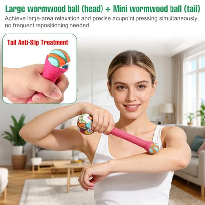 2PCS Long Wormwood Lymphatic Drainage Hammer, Manual Body Massage Hammer, Anti Slip Handheld Herbal Massage Hammer for Back Muscle Relaxation (Rose Red/Dark Green) - color: Rose Red+dark Green